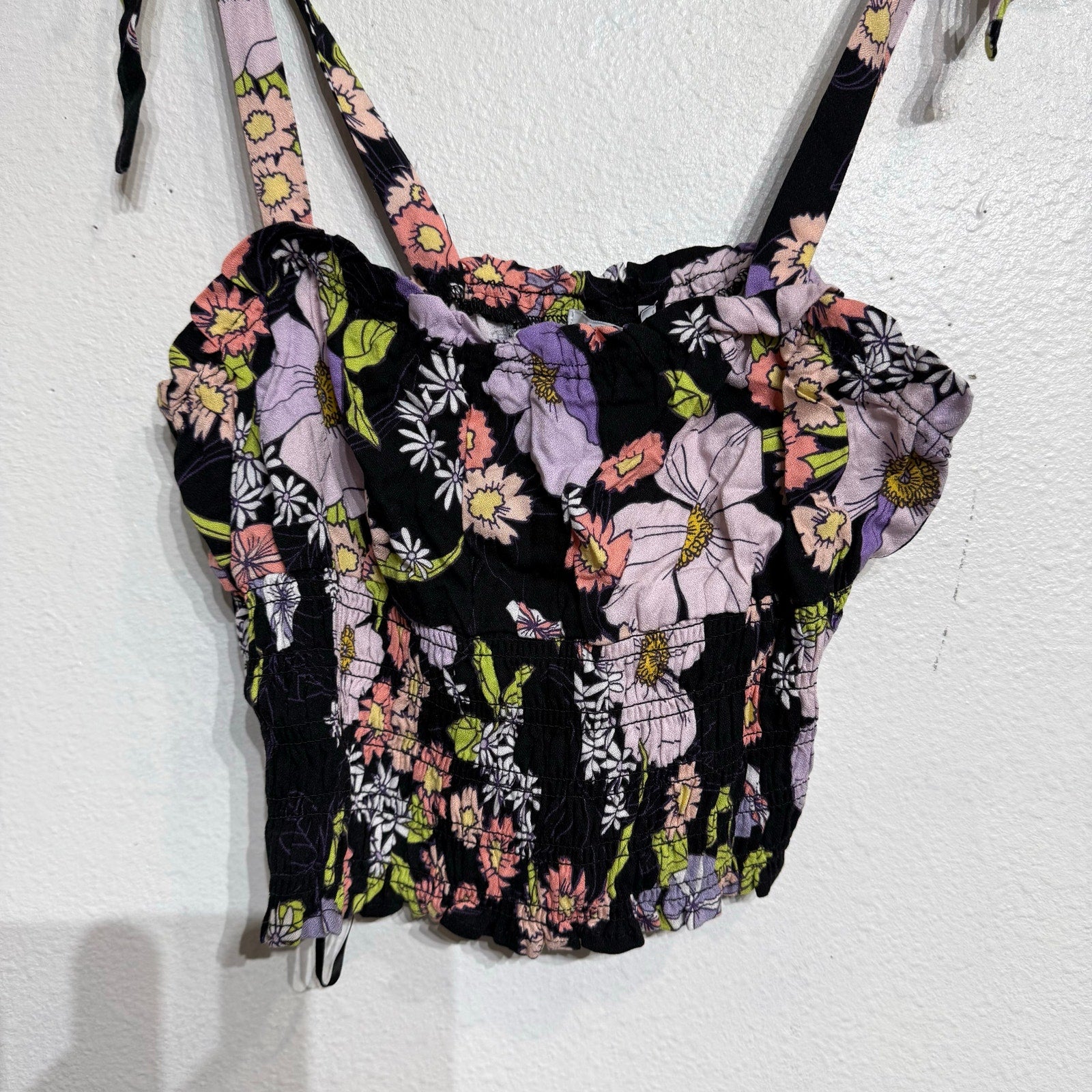 AFRM Black Floral Stein Smocked Crop Top Sz M NWT