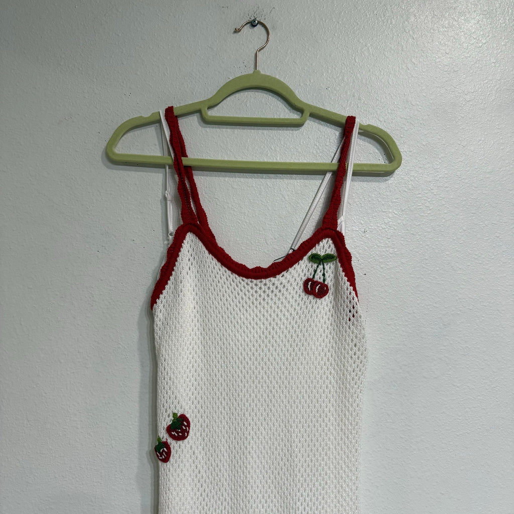 WAYF Cherry Appliqué Crochet Knit Maxi Dress Ivory Red Trim Sz L NWT