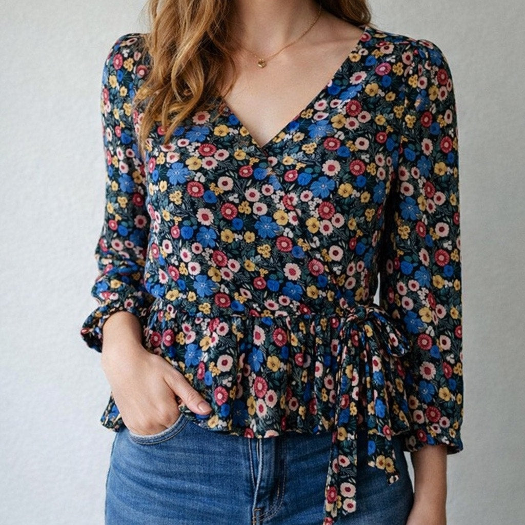 Lily White Black Floral Faux Wrap Peplum Blouse Sz S